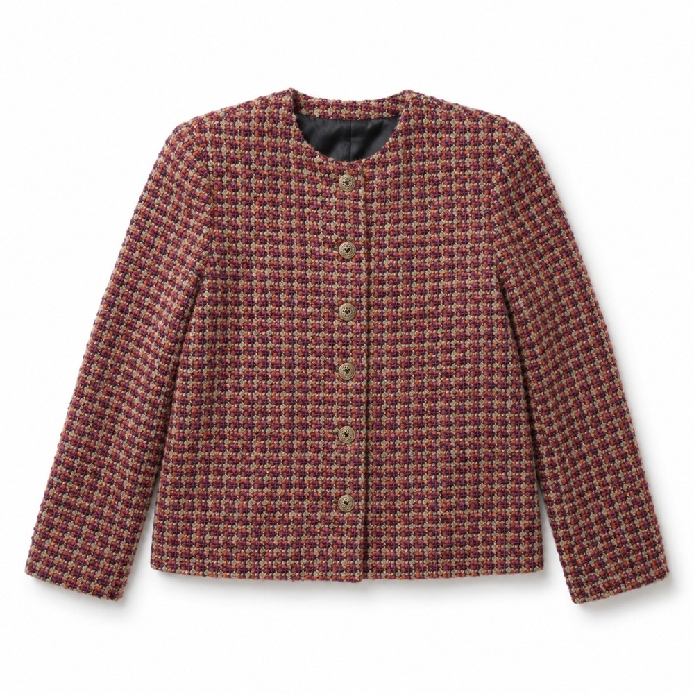 Alfred Dunner Jacket Women 12P Multicolor Tweed Plaid Collarless Button Front